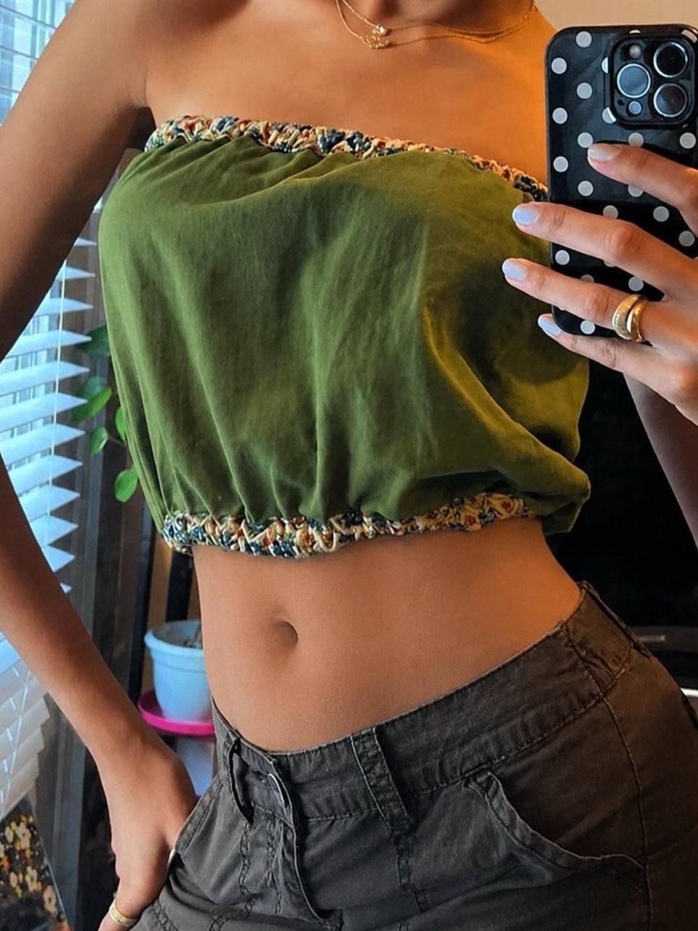 reworked olive green tube top, floral trim, vintage materials